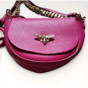 Italian Fuchsia Pebbled Leather Bee Crossbody Bag - Gold & Rainbow Chain